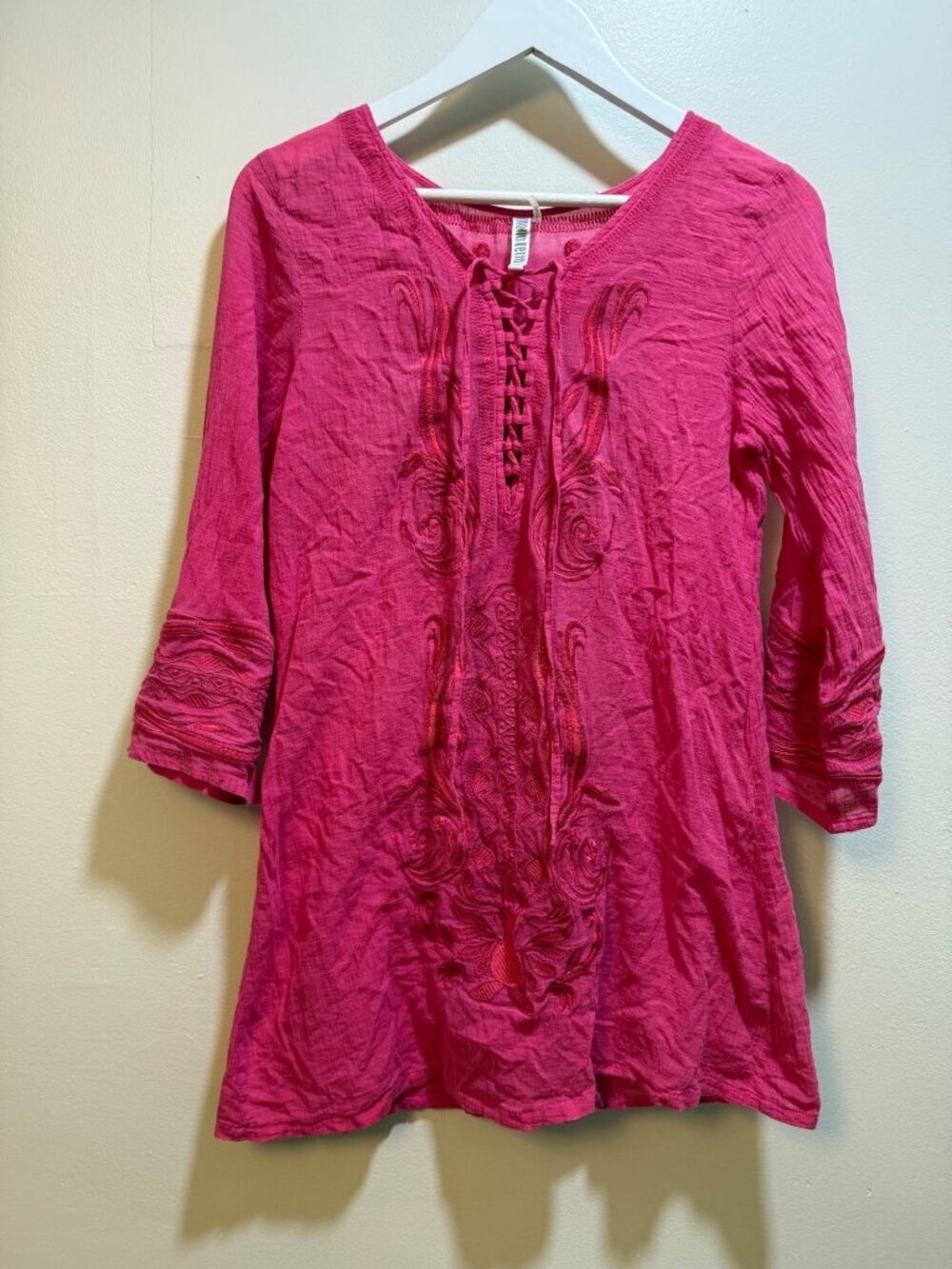 Monoreno Pink Embroidered Tunic Beach Cover Up Top Pink Small